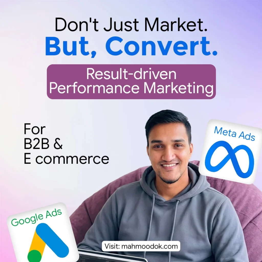 It is a poster of about Mahmood OK's result-driven perfromance marketing service. Meta Ads and Google Ads.